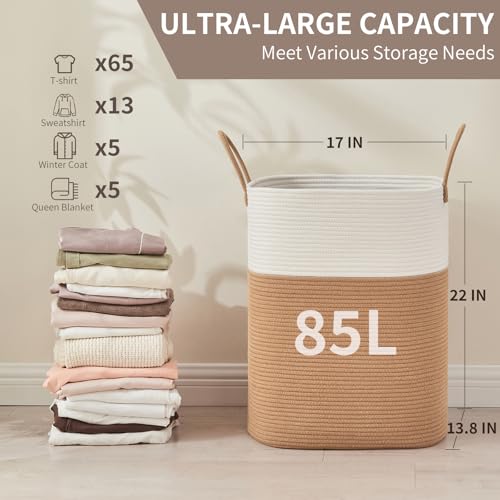 AINUOQI Laundry Basket with Handles - Blanket Basket & Hampers for Bedroom Aesthetic, Laundry Hamper & Blanket Storage for Living Room, Clothes Hamper, Tall, Large 17" x 14" x 22”, White & Jute - color: White & Jute, size: 85L