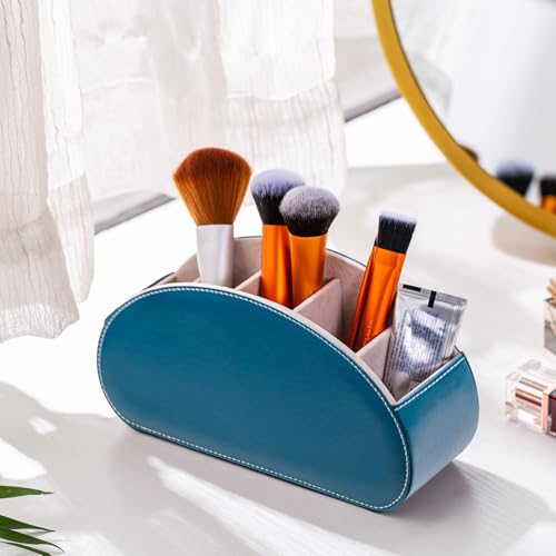 Remote Control Holders Organizer Box with 5 Compartment PU Leather Multi-functional Office Desk Storage Caddy Store Tv Remote for Media Player,Brush,Pencil,Glassees&Office Supplies (Peacock Blue) - color: Peacock Blue, size: S