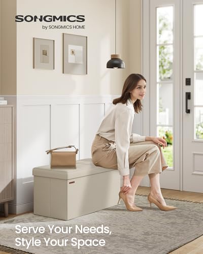 SONGMICS MAZIE Collection - 30 Inches Folding Storage Ottoman Bench, Ottoman Foot Rest, End of Bed Bench, Storage Chest, Load 660 lb, for Living Room, Bedroom, Entryway, Cream White ULSF47BE - color: Cream White, size: 15"D x 30"W x 15"H