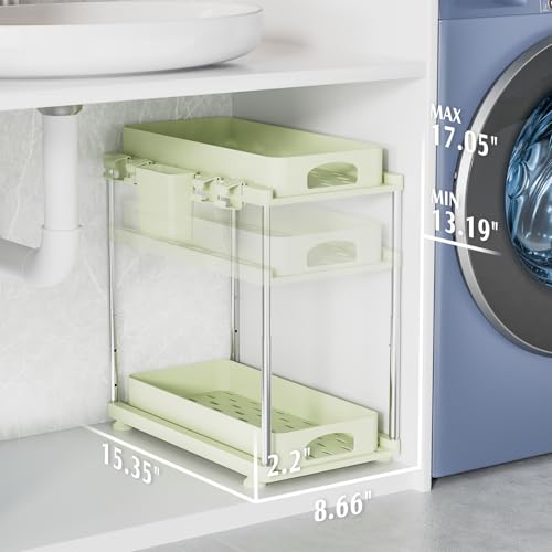 VERIFOST Under Sink Organizer, 2 Pack Under Kitchen Bathroom Cabinet Organizer, 2 Tier Under Bathroom Kitchen Sink Organizer, Adjustable Height Bathroom Kitchen Cabinet Organizers and Storage, Green - color: Green