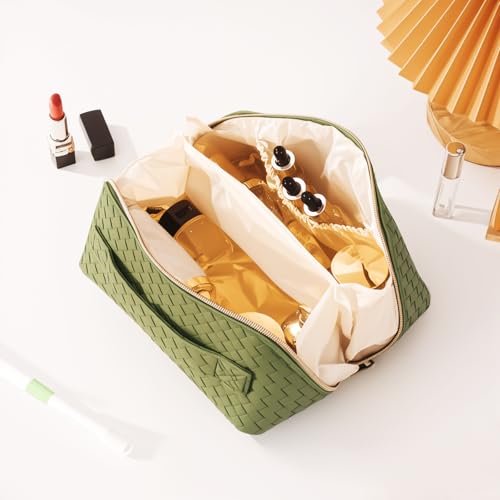 Women's Travel PU Leather Cosmetic Organizer - Large Capacity Toiletry Storage Solution - color: dark green