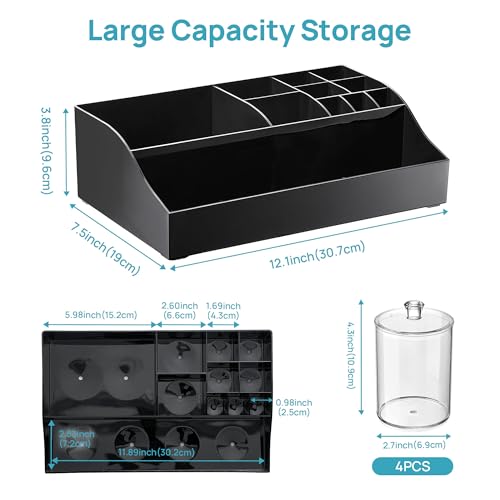 Vtopmart 5 PCS Bathroom Countertop Organizer, 1 Divided Tray with 4 Qtip Holder Jars, Restroom Clear Organizers for Toothbrush, Cotton Pads Balls, Floss, Bathroom Vanity Accessories Storage Set, Black - color: Black