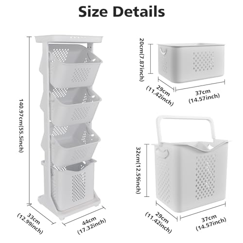 BAOKALER 4-Tier Laundry Hamper Sorter, Vertical Rolling Laundry Baskets with Wheels Removable, Stackable Laundry Cart Organizer and Storage for Small Space, Dorm, Closet, Bathroom - size: 4-layer
