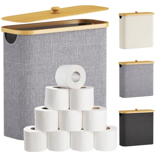 Lifewit Toilet Paper Storage Holder for 12 to 16 Rolls, Free Standing Toilet Paper Basket Stand with Bamboo Lid, Collapsible Fabric Bathroom Organizer Box for Mega Rolls, 30L, Extra Large, Light Gray - color: Gray, size: 30L