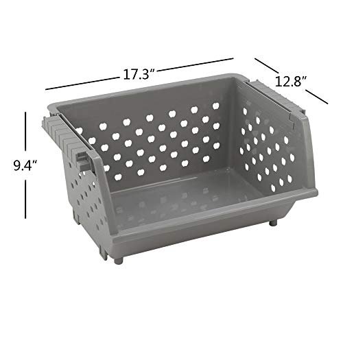 3 Pack Plastic Stacking Organizer Basket, Open Front Large Stackable Storage Bins, Gray