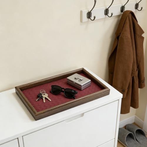 Wooden Valet Tray with Leather Base, EDC Catch All Tray Nightstand Entryway Table Vanity Organizer 11.8x7.9, Red - color: Red