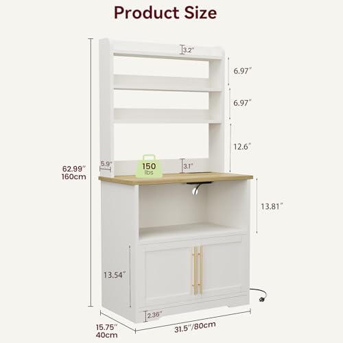 IDEALHOUSE Bakers Rack with Storage Cabinet, Microwave Stand with Power Outlets, Farmhouse Bakers Rack with Thick Table Top, Small Kitchen Bakers Rack for Kitchen,Dining Room,White & Peer Wood - color: White & Peer Wood, size: with 2 Wood Door