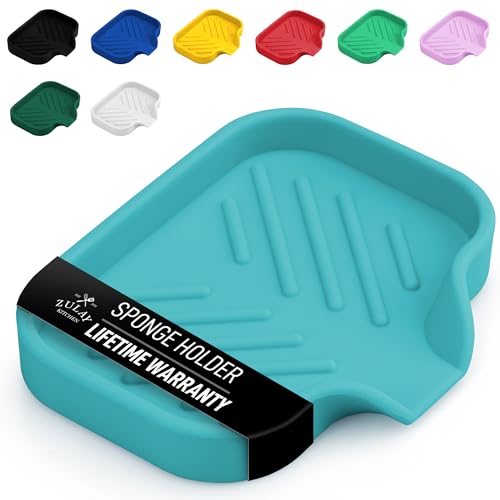 Zulay Kitchen Small Silicone Sponge Holder (4.9x3.3”) – Space-Saving Sink Organizer Tray for Sponge, Soap, Brush & More – Compact Non-Slip Dish for Kitchen & Bathroom (Aqua Sky) - color: Aqua Sky, size: Small (4.9x3.3)