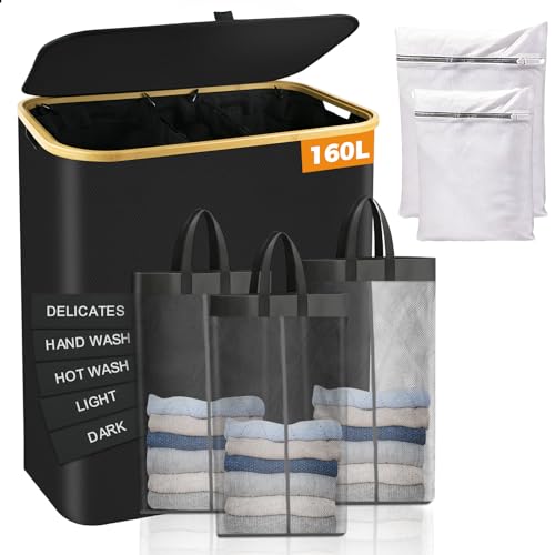 160L Laundry Hamper 3-Section, Laundry Basket with Lid, Dirty Clothes Basket, Laundry Basket Organizer with 5 Sorting Labels and 2PCS Laundry Bags for Bedroom, Dormitory, Laundry Room