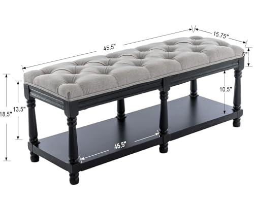 Kmax Storage Entryway Bench Tufted Shoe Rack Bench Black Wood Window Bench for Hallway Entrance Bedroom Corner, Grey - color: Gray- Black Wood, size: Storage- 2 Seats