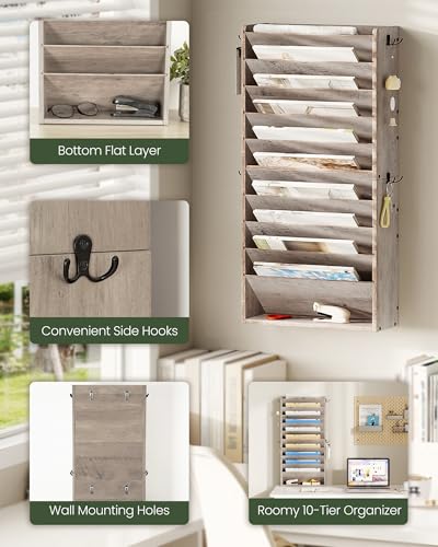 CHOEZON Wall File Organizer, 10-Tier Hanging Mail Organizer, Wall Mount File Holder with 4 Side Hooks, Industrial Mail and Storage Organizer, Wooden Vertical Hanging Holder for Office, Greige MWJ03FH - color: Greige, size: 10-Tier