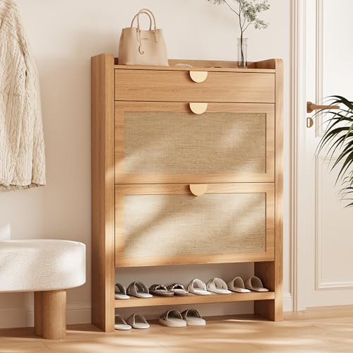 INNOD Rattan Shoe Storage Cabinet, Shoe Organizer with 2 Flip Drawers, Narrow Shoe Cabinet, Free Standing Hidden Shoe Storage, Shoe Rack for Entryway/Hallway/Closet, Natural Oak