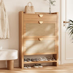 INNOD Rattan Shoe Storage Cabinet, Shoe Organizer with 2 Flip Drawers, Narrow Shoe Cabinet, Free Standing Hidden Shoe Storage, Shoe Rack for Entryway/Hallway/Closet, Natural Oak