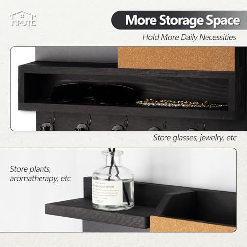 Key Holder for Wall Mount with Mail Organizer, Farmhouse Key Holder for Wall with Shelf, Chalkboard&Corkboard, Entryway Organizer 11 Metal Hooks, Decorative Natural Pine Wood, 14.6*11.1*3.3”, B-Black - color: Black-b