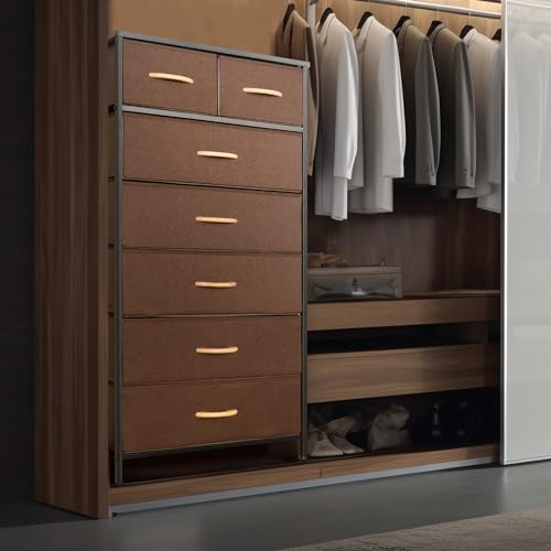 Mifuro Tall Dresser for Bedroom, Vertical Storage Organizer Tower with 7 Drawers, Chest of Drawers with Fabric Bins, Steel Frame, Wood Top for Bedroom, Closet, Entryway- Brown - color: Brown, size: 7 Drawers