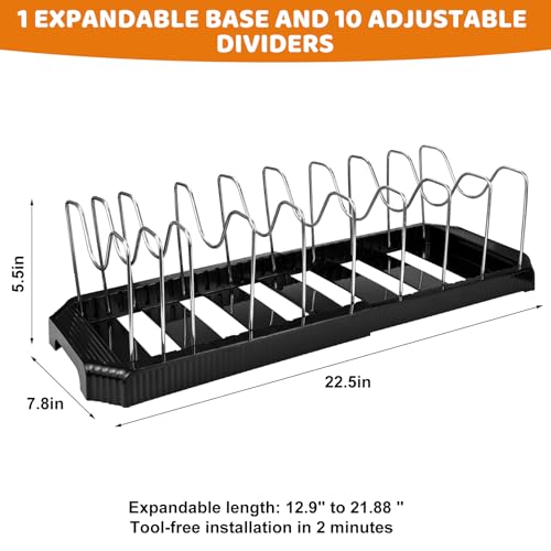 Expandable Pot Rack Organizer, 14 Adjustable Compartments, Pot and Pan Organizer Rack for Cabinet with Cup Brush Dividers, 13 -22" Wide Adjustable Pan Organizer - Pantry Countertop Storage (Black) - color: Black