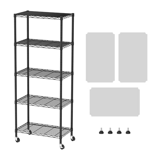 SINGAYE 5 Shelf Storage Wire Shelves Closet Bathroom Organizers Metal Pantry Kitchen Garage Shelving Unit Laundry Room Organization Home Narrow Rack Net Basket with Wheels Black - color: Black, size: 5Tier/14"D X 24"W X 61"H