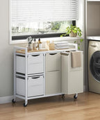 HOOBRO Laundry Sorter with 4 Section, 34 Gal. (127 L) Laundry Hamper with Wheels, Rolling Laundry Basket with Shelves, Pull-Out Detachable Bags, Side Pockets, White, Natural and Beige WNE14XY01N1 - color: White + Natural + Beige