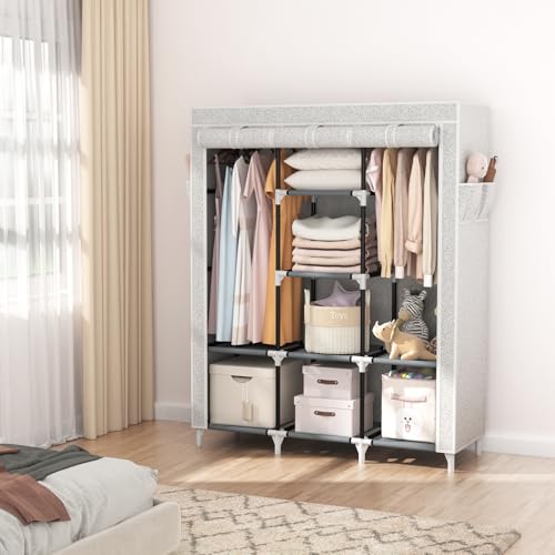 VTRIN Portable Closet Wardrobe for Hanging Clothes with 2 Hanging Rods and 8 Storage Organizer Shelves,Free Standing Clothes Rack with Cover Sturdy Large Wardrobe Closet for Bedroom,Printing - color: Printing, size: 3 Row - 49'' Wide