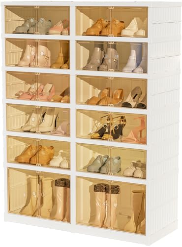 6-Tier Portable Shoe Rack Organizer for Closet, 24 Pairs Shoe Container Bins, Clear Plastic Collapsible Shoes Storage Box, Stackable Sneaker Storage Shoe Cabinet with Door - size: 6 Tiers - 24 Pairs