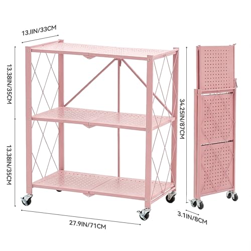 BRIAN & DANY 3-Tier Foldable Storage Shelves with Wheels, No Assembly Folding Shelf Metal Rack, Shelving Unit for Kitchen, Garage, Pink - color: Pink, size: 3-tier