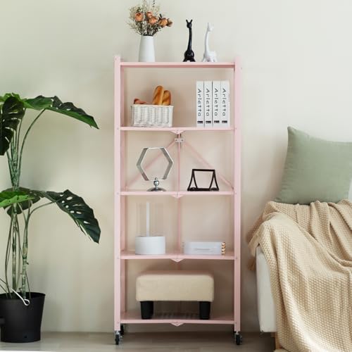 BRIAN & DANY 5-Tier Foldable Storage Shelves with Wheels, Folding Metal Rack Shelving Unit, Heavy Duty No Assembly Organizer Shelf for Garage, Kitchen, Basement, Pantry, Pink - color: Pink, size: 5-tier