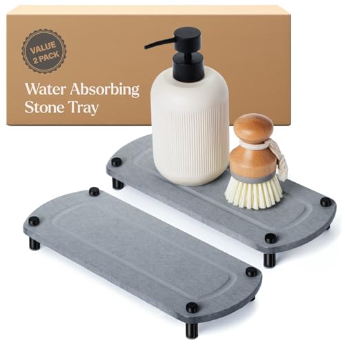 2PCS Water Absorbing Stone Soap Tray for Kitchen Bathroom Sink, Quick Dry Diatomaceous Earth Drying Rack and Shower Caddy, Soap Dispenser and Sponge Holder Organizer for Countertop - color: Glacier Gray
