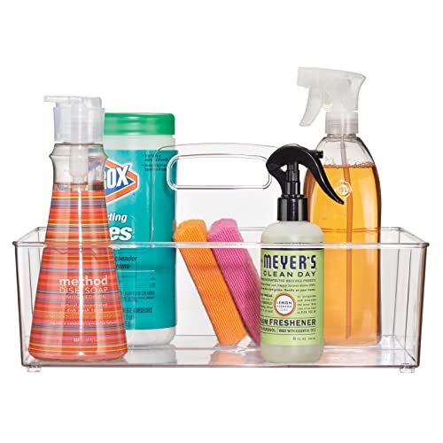 mDesign Large Plastic Divided Portable Storage Organizer Caddy Tote Basket Bin with Handle for Kitchen, Pantry, Countertop, Cabinet, Cupboard - Ligne Collection - 2 Pack - Clear - size: Pack of 2