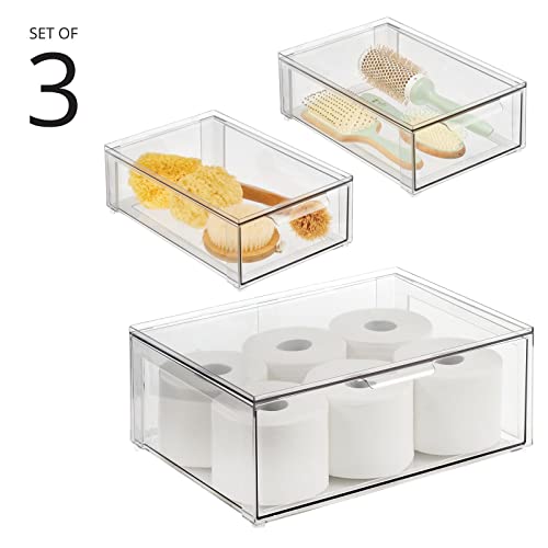 mDesign Plastic Stackable Bathroom Storage Organizer Bin Containers with Front Pull Drawer for Bathroom Countertop, Vanity, Closet Shelves - Holder for Accessories, Lumiere Collection, Set of 3, Clear - size: Mixed Sizes (Pack of 3)