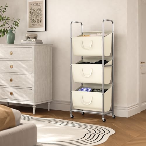 ELYKEN 120L Vertical Rolling Laundry Hamper with Removable Bags, 3 Section Laundry Baskets with Wheels, Space-Saving 3 Tier Laundry Sorter for Small Spaces, Dorm, Bedroom, Bathroom, Laundry Room - color: Creamy