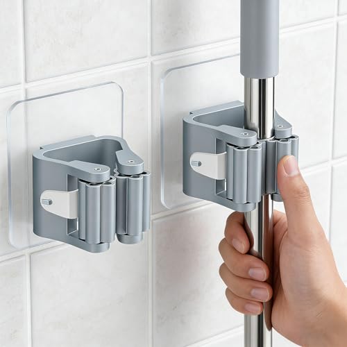 Broom Holder Wall Mount, 4 Pack Mop and Broom Holder, PlasticBroom Hangers for Wall, Gray, Space-Saving Tool Organizer for Kitchen Laundry Garage Garden, Easy Install, Non-Slip Grips