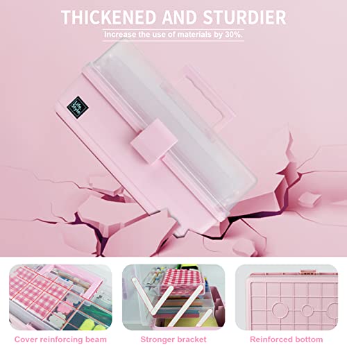 Creahaus 13 inch Art Craft Organizer Storage Box with 3 Layer, Multipurpose Plastic Tool Box with Handle for Sewing, Art Supply, Medicine, Nail, Hair Accessories (Pink) - color: Pink