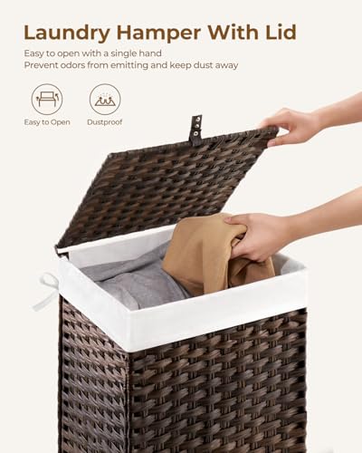 Greenstell Laundry Hamper with Lid, 60L Clothes Hamper with 2 Removable Liner Bags & 2 Mesh Laundry Bags, Handwoven Synthetic Rattan Laundry Basket for Clothes, Toys in Bathroom, Bedroom Brown - color: Brown, size: 60L (13.4 x 13.4 x 21.7 inches)
