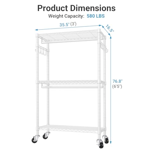 VIPEK R2 Heavy Duty Rolling Garment Rack 3 Tiers Adjustable Clothes Racks with Double Rods & Hooks, Freestanding Wardrobe Closet Storage Rack Metal Clothing Racks for Hanging Clothes, White - color: White, size: R2