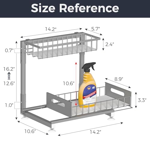 L-Shaped Under Sink Organizer, 2-Tier Pull Out Metal Kitchen Cabinet Organizer with Sliding Storage Drawer, Height Adjustable Heavy Duty Under Bathroom Sink Storage for Cleaning Supplies 1 Pack - color: Grey V2.0, size: 1 Pack