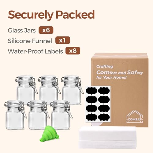 ComSaf Set of 6 Square Glass Spice Jars with Airtight Lids (4 Oz), Mini Favor Jars with Wire Clamp for Honey, Herbs & Farmhouse Kitchen Pantry Organization, with Funnel & Labels - size: 4oz*6