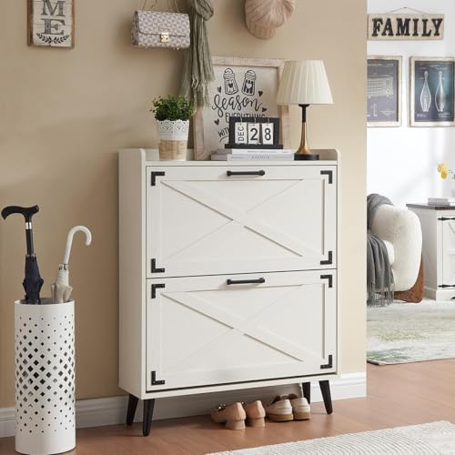 Barnyatoh Shoe Storage Cabinet,Farmhouse Shoe Organizer with 2 Flip Drawers & Barn Door Design,Freestanding Hidden Slim Narrow Shoe Rack Cabinet for Entryway,Foyer,Hallway,Antique White - color: Antique White, size: 2-Drawers