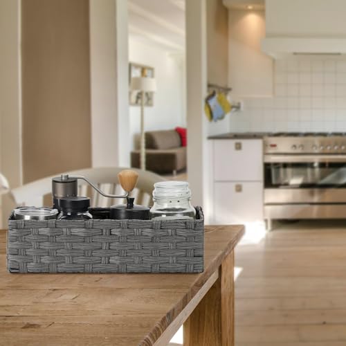Bidtakay Narrow Wicker Bins for Organizing 2-Pack Dark Grey Decorative Baskets for Washroom Organizer Waterproof Imitation Small Wicker Storage Baskets for Shlef Closet Bedroom Entryway Office Desk - color: Dark Grey