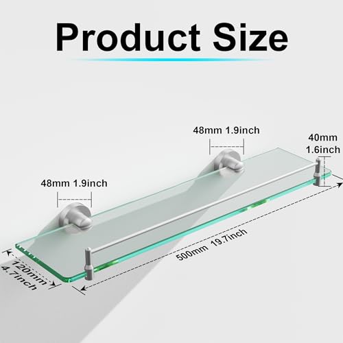 20 Inches Glass Shelves for Bathroom, Brushed Nickel Floating Glass Shelf Stainless Steel Tempered Glass Bathroom Shelves for Wall Mount Modern - color: Brushed Nickel, size: 20"with railing