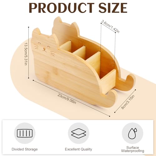 RETON Bamboo Remote Control Holder with 4 Compartments, Cute Cloud - Shaped Pen Organizer, TV Remote Holder Storage Caddy Box Suitable for Media Controller Makeup Brush Office desk Supplies (Cat)