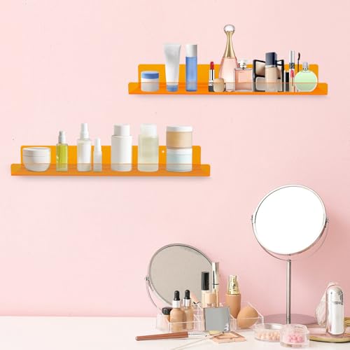 Dezzer 4 Pack Acrylic Shelves for Wall, 15" Acrylic Floating Shelves for Bathroom Bedroom, Invisible Bookshelf Wall Ledge Storage Shelf Books Perfume Toys Action Figure Display Shelves, Clear Orange - style: 15 inch 4-pack Orange