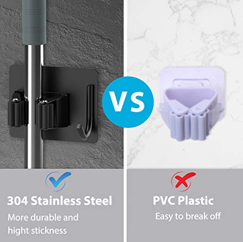 homeasy Mop Broom Holder No Drill, Mop Broom Organizer Wall Mounted Heavy Duty with Hooks Hanger, Self Adhesive Stainless Steel 4Pcs for Bathroom, Kitchen, Office (Black) - color: Black