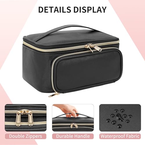 OCHEAL Makeup Bag, Multifunctional Make Up Bags with Zipper Pouch Large Compact Makeup Bag Organizer for Women Girls Cosmetics Toiletry Brushes Storage Makeup Case with Handle Divider-Black - color: 001_Black with front pocket, size: Medium