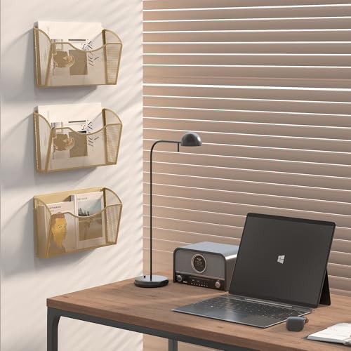 EasyPAG Wall File Organizer, Metal Mesh Hanging File Folder Holder for Letter/A4 Size Folders, Vertical Wall Mount Mail Sorter for Office Paperwork, Classroom, Gold - color: Gold