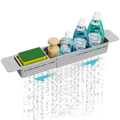 NiHome Extendable Sink Kitchen Organizer, Extra Long Telescopic Brush Storage Rack for Sponge, Non-Slip Pads Expandable Sink Caddy, Adjustable Sponge/Brush Rack with Drainage Durable ABS (Gray) - color: Gray, size: Extra Long