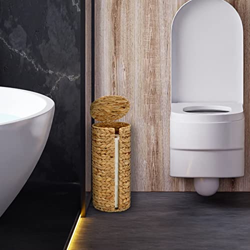 Graciadeco Stand Paper Storage with Lid Spare Extra 3 Rolls of Toilet Tissue Holder Free Standing Water Hyacinth Wciker Toilet Paper Organizer Basket for Bathroom