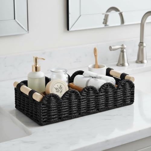 CubesLand Toilet Paper Storage Basket Organizer, Small Wicker Toilet Tank Top Decorative Baskets for Countertop, Handwoven Scalloped Basket w/handle for Home Decor, Living Room, Bedroom, Black - color: Black, size: S - 12.99"L x 6.3"W x 3.15"H