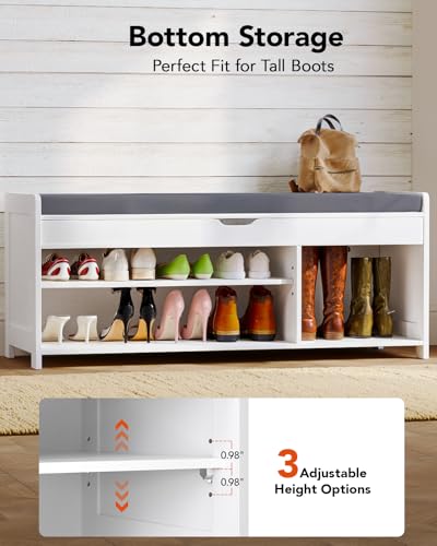 Pipishell 2-Tier Shoe Storage Bench, Entryway Bench with 3 Barn Doors, Cushion Seat, Hidden Storage, Adjustable Shelf, 200 lbs Capacity, for Entryway, Living Room, Bedroom, White (39.4″Wx15″Dx18.1″H) - color: White