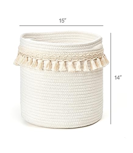Mkono Macrame Decorative Cotton Rope Basket Boho Nursery Decor Cute Woven Tassel Closet Storage Bins Organizer for Baby Toys,Diaper, Blankets,Magazine,Potted Plants Cover,Living Room,Bedroom, 15"x14" - size: 15"x14"