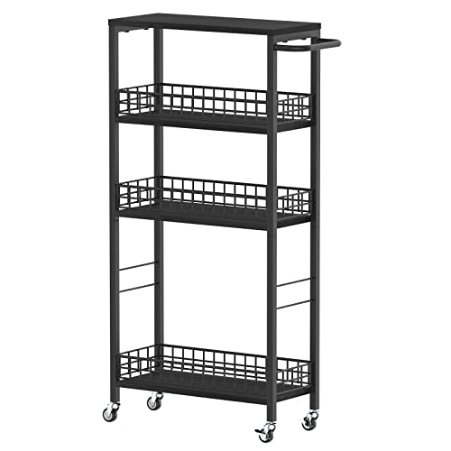 Slim Storage Cart 4 Tier Rolling Kitchen Cart Utility Serving Cart Laundry Room Narrow Cart with Handle Mobile Sheving Unit Organizer Wood Rolling Storage Cart for Bathroom Small Spaces, Modern Black - color: Black